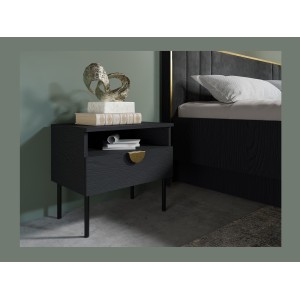 Lot de 2 tables de chevet MONDO – Noir structuré et doré – 1 tiroir + niche – Style moderne chic