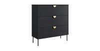 Commode MONDO – Noir structuré et doré – 3 tiroirs – Pieds métal – Design moderne et fonctionnel