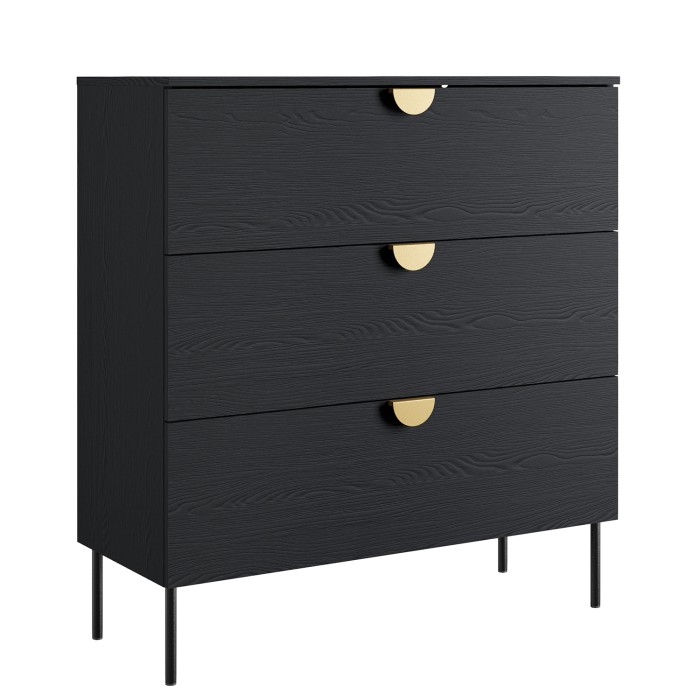 Commode MONDO – Zwart gestructureerd en goud – 3 laden – Metalen poten – Modern en functioneel design