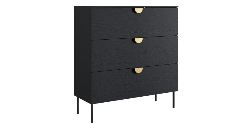 Commode MONDO – Noir structuré et doré – 3 tiroirs – Pieds métal – Design moderne et fonctionnel