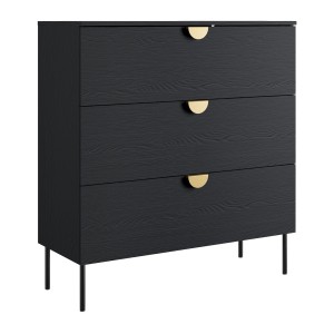 Commode MONDO – Noir structuré et doré – 3 tiroirs – Pieds métal – Design moderne et fonctionnel