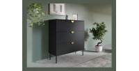 Commode MONDO – Noir structuré et doré – 3 tiroirs – Pieds métal – Design moderne et fonctionnel
