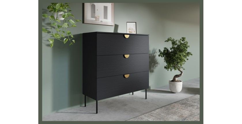 Commode MONDO – Noir structuré et doré – 3 tiroirs – Pieds métal – Design moderne et fonctionnel