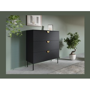 Commode MONDO – Noir structuré et doré – 3 tiroirs – Pieds métal – Design moderne et fonctionnel