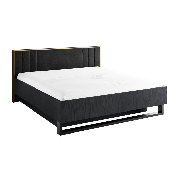 Letto MONDO – 160x200 cm – Nero strutturato e dorato – Piedi in metallo design – Senza doghe