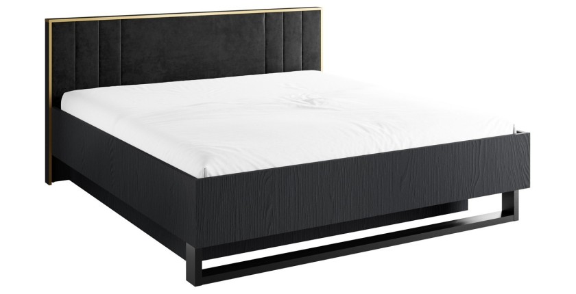Lit MONDO – 180x200 cm – Noir structuré et doré – Pieds métal design – Sans sommier
