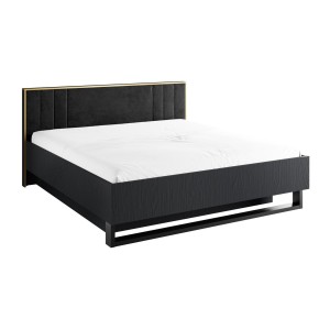 Lit MONDO – 180x200 cm – Noir structuré et doré – Pieds métal design – Sans sommier