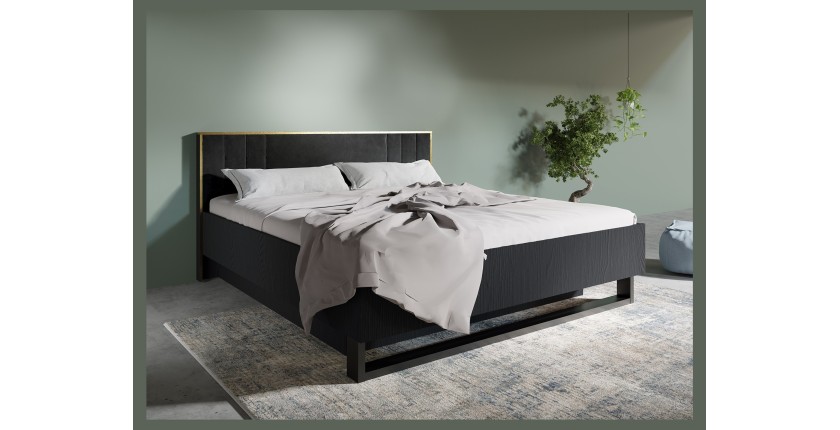 Lit MONDO – 180x200 cm – Noir structuré et doré – Pieds métal design – Sans sommier