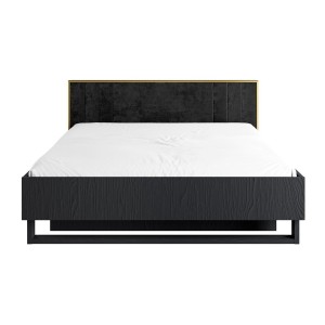 Lit MONDO – 180x200 cm – Noir structuré et doré – Pieds métal design – Sans sommier