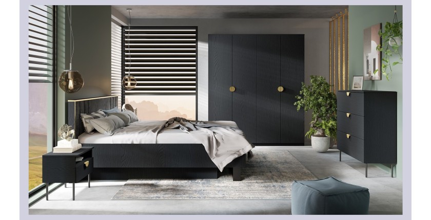 Lit MONDO – 180x200 cm – Noir structuré et doré – Pieds métal design – Sans sommier