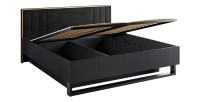 Lit coffre MONDO – 160x200 cm – Noir structuré et doré – Pieds métal – Sommier inclus