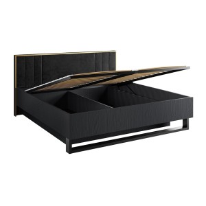 Lit coffre MONDO – 160x200 cm – Noir structuré et doré – Pieds métal – Sommier inclus