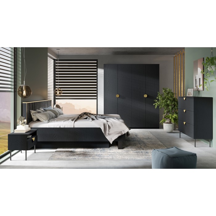 Letto contenitore MONDO - 160x200 cm - Nero strutturato e dorato - Piedi in metallo - Rete inclusa