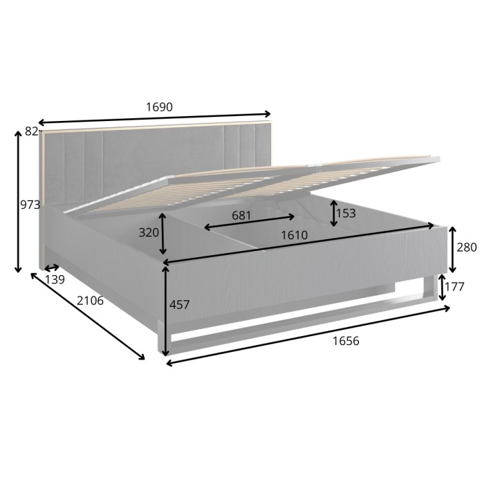 Letto contenitore MONDO - 160x200 cm - Nero strutturato e dorato - Piedi in metallo - Rete inclusa