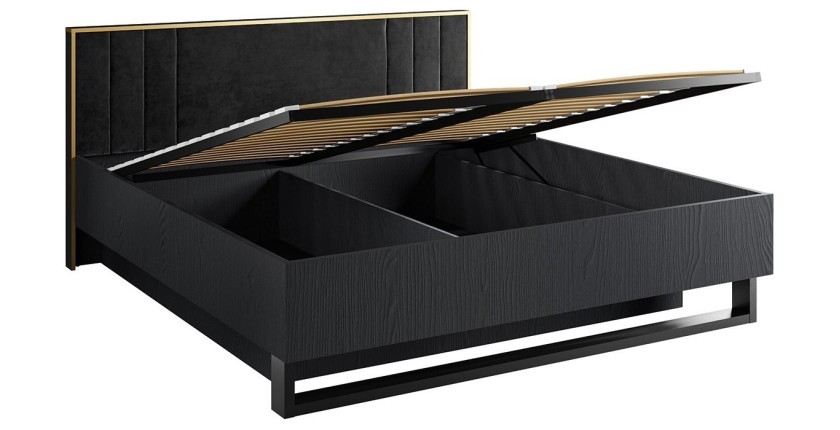 Lit coffre MONDO – 180x200 cm – Noir structuré et doré – Pieds métal – Sommier inclus