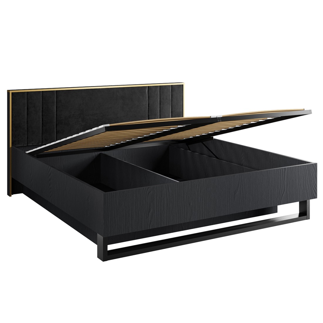 Lit coffre MONDO – 180x200 cm – Noir structuré et doré – Pieds métal – Sommier inclus