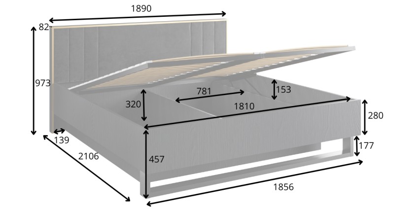 Lit coffre MONDO – 180x200 cm – Noir structuré et doré – Pieds métal – Sommier inclus