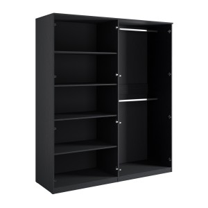 Chambre complète MONDO – Noir structuré et doré – Lit coffre 160x200 avec sommier + Armoire + Commode + 2 chevets