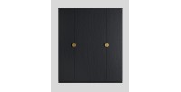 Chambre complète MONDO – Noir structuré et doré – Lit coffre 160x200 avec sommier + Armoire + Commode + 2 chevets