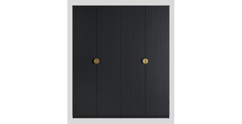 Chambre complète MONDO – Noir structuré et doré – Lit coffre 160x200 avec sommier + Armoire + Commode + 2 chevets