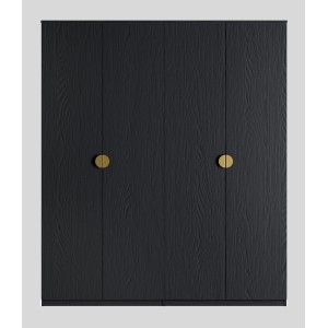 Chambre complète MONDO – Noir structuré et doré – Lit coffre 160x200 avec sommier + Armoire + Commode + 2 chevets