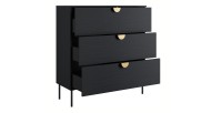Chambre complète MONDO – Noir structuré et doré – Lit coffre 160x200 avec sommier + Armoire + Commode + 2 chevets