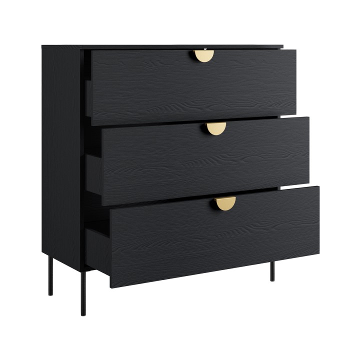 Camera completa MONDO – Nero strutturato e dorato – Letto contenitore 160x200 con doghe + Armadio + Cassettiera + 2 comodini