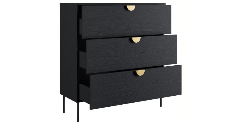 Chambre complète MONDO – Noir structuré et doré – Lit coffre 160x200 avec sommier + Armoire + Commode + 2 chevets