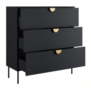 Chambre complète MONDO – Noir structuré et doré – Lit coffre 160x200 avec sommier + Armoire + Commode + 2 chevets