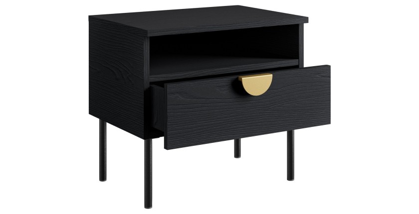 Chambre complète MONDO – Noir structuré et doré – Lit coffre 160x200 avec sommier + Armoire + Commode + 2 chevets