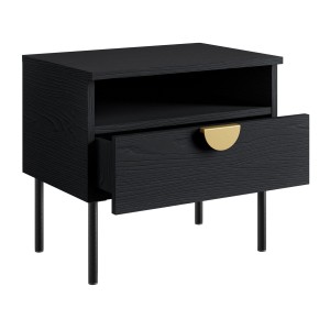 Chambre complète MONDO – Noir structuré et doré – Lit coffre 160x200 avec sommier + Armoire + Commode + 2 chevets
