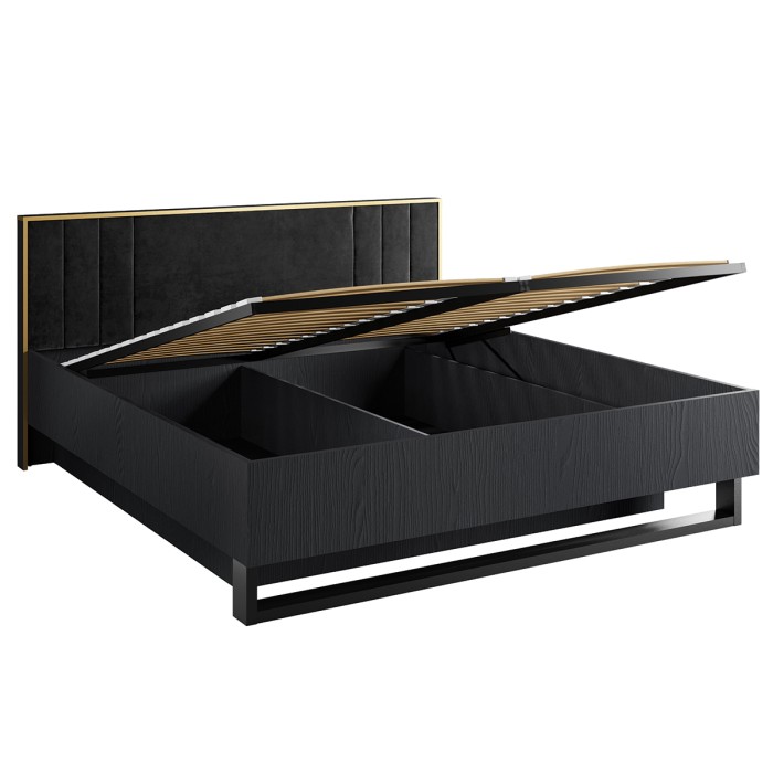 Camera completa MONDO – Nero strutturato e dorato – Letto contenitore 160x200 con doghe + Armadio + Cassettiera + 2 comodini
