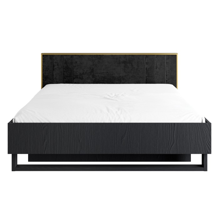 Camera completa MONDO – Nero strutturato e dorato – Letto contenitore 180x200 con doghe + Armadio + Cassettiera + 2 comodini