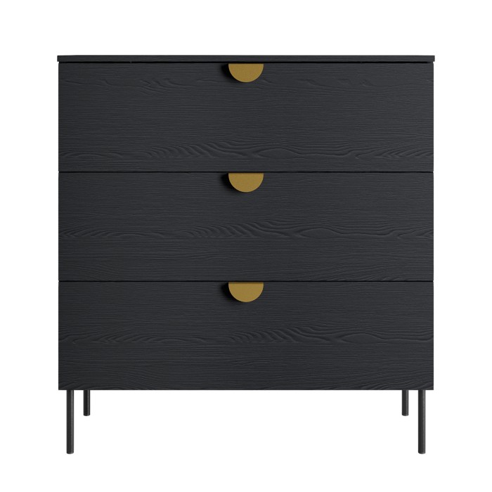 Camera completa MONDO – Nero strutturato e dorato – Letto contenitore 180x200 con doghe + Armadio + Cassettiera + 2 comodini