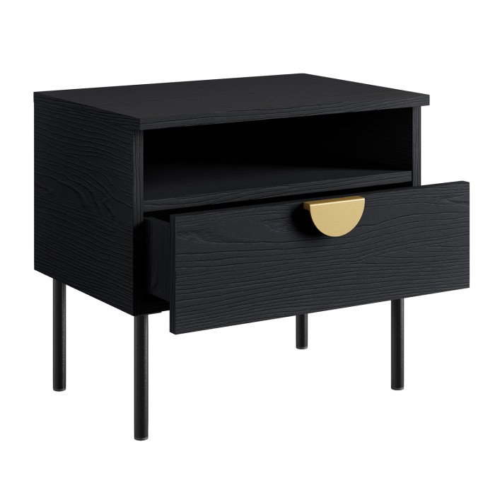 Camera completa MONDO – Nero strutturato e dorato – Letto contenitore 180x200 con doghe + Armadio + Cassettiera + 2 comodini