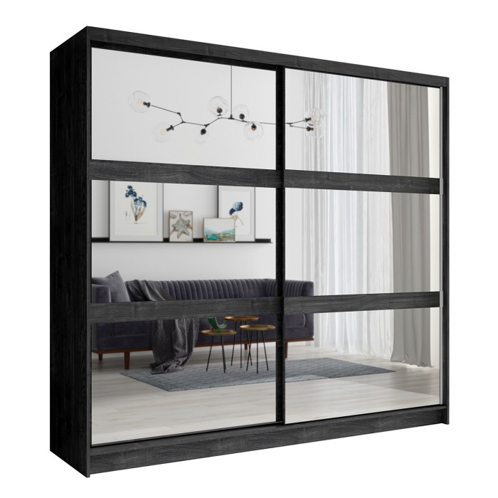 Armoire VELTIS 2 portes coulissantes avec miroir – L230 x H215 cm – Coloris frêne noir