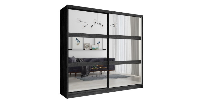Armoire VELTIS 2 portes coulissantes avec miroir – L230 x H215 cm – Coloris frêne noir
