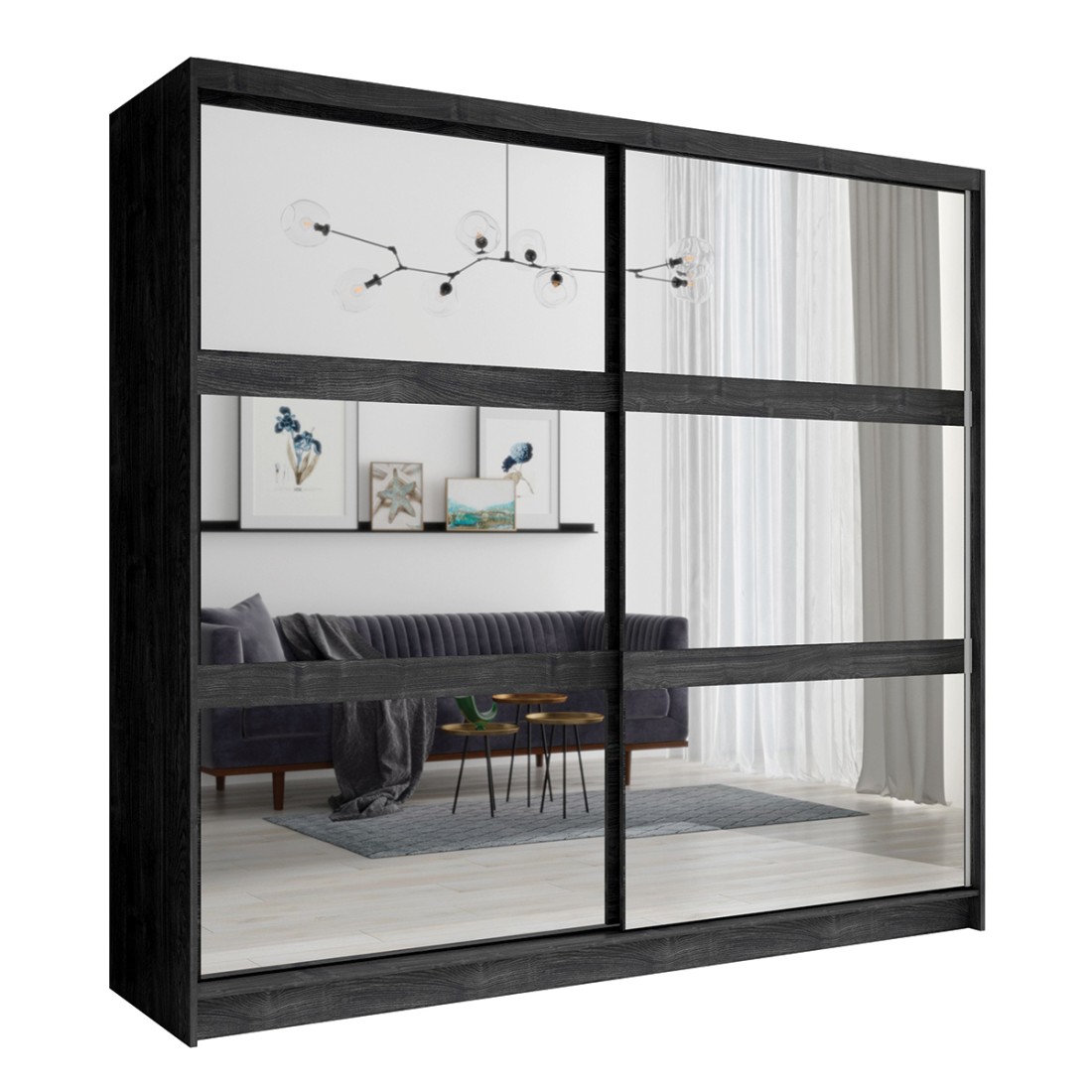 Armoire VELTIS 2 portes coulissantes avec miroir – L230 x H215 cm – Coloris frêne noir