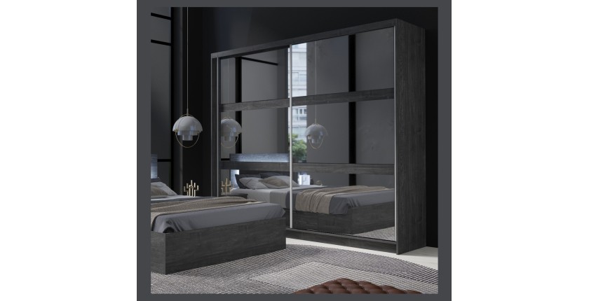 Armoire VELTIS 2 portes coulissantes avec miroir – L230 x H215 cm – Coloris frêne noir