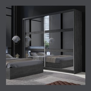 Armoire VELTIS 2 portes coulissantes avec miroir – L230 x H215 cm – Coloris frêne noir