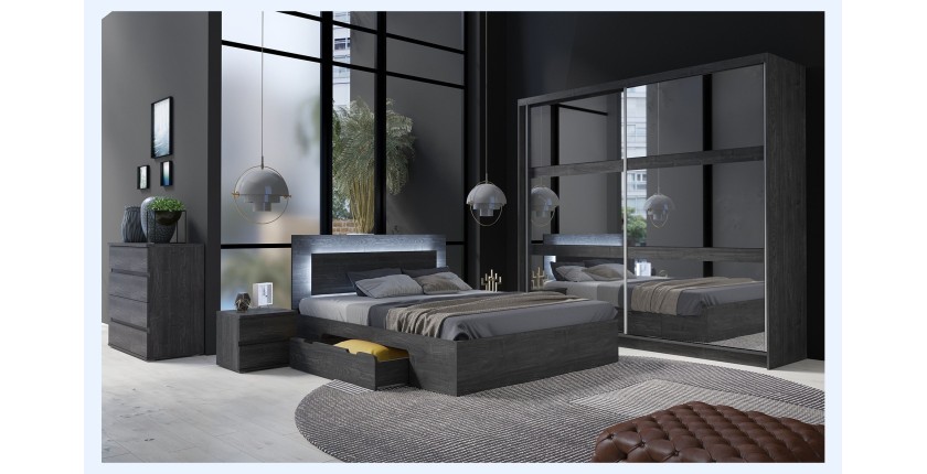 Lit VELTIS 180x200 cm avec tête de lit LED – Coloris frêne noir – Sommier et matelas non inclus