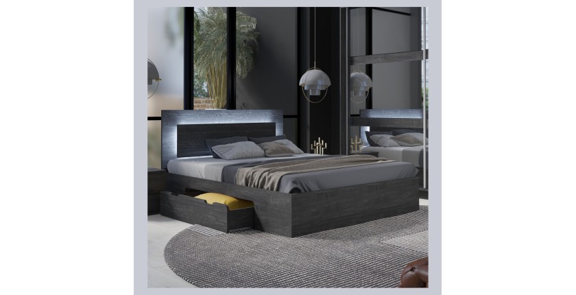 Lit VELTIS 180x200 cm avec tête de lit LED – Coloris frêne noir – Sommier et matelas non inclus