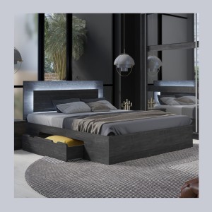 Lit VELTIS 180x200 cm avec tête de lit LED – Coloris frêne noir – Sommier et matelas non inclus