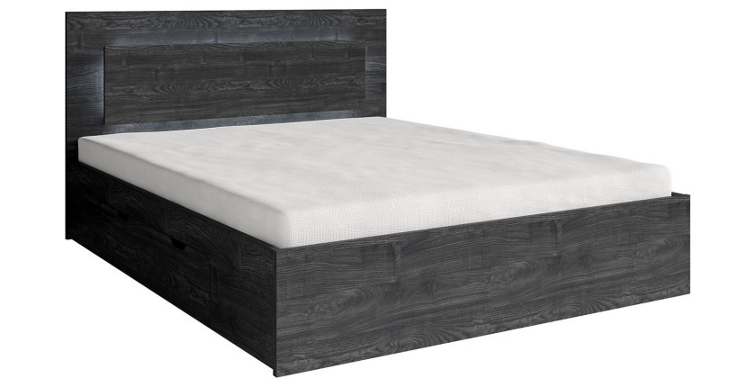 Lit VELTIS 180x200 cm avec tête de lit LED – Coloris frêne noir – Sommier et matelas non inclus