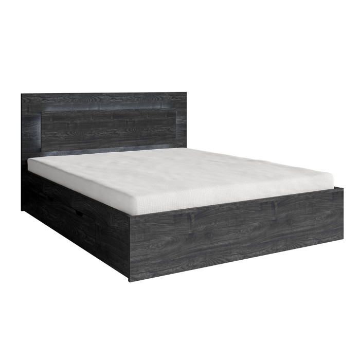 Ensemble lit VELTIS 160x200 cm avec sommier inclus – Tête de lit LED – Frêne noir – Matelas non inclus