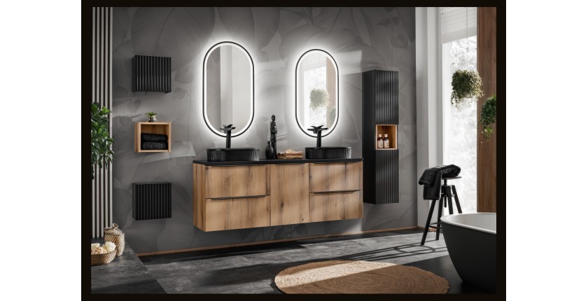 Meuble de rangement salle de bain VANO – Panier à linge – Chêne – L40 × P39 × H57 cm – À suspendre 