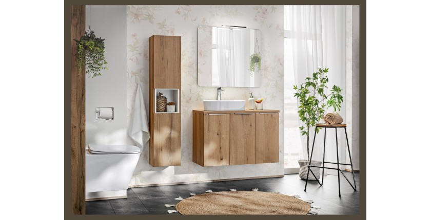 Colonne salle de bain VANO – 2 portes + 1 niche – Chêne – L30 × P25 × H140 cm – À suspendre 