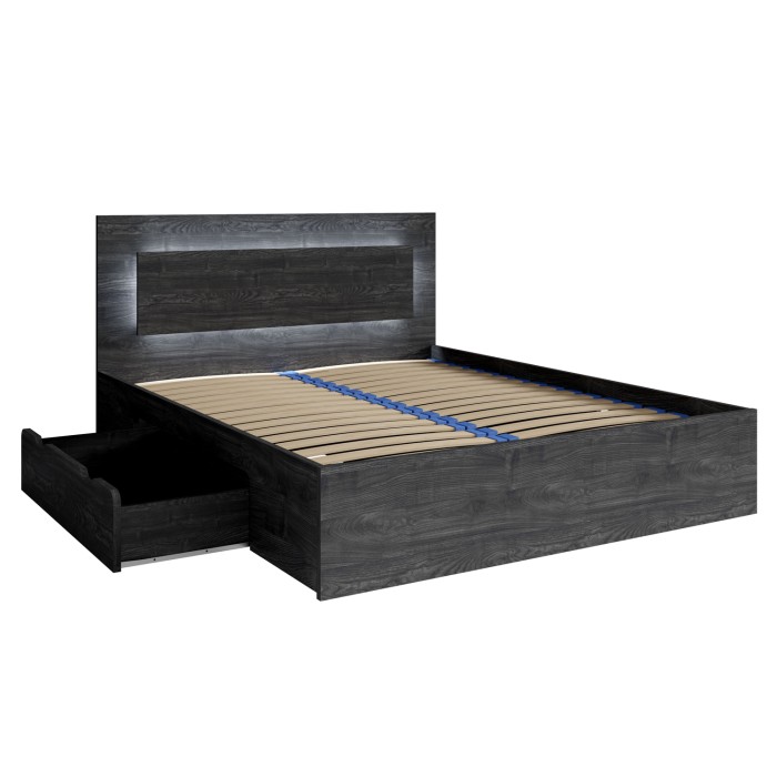 Camera completa VELTIS - Letto 180x200 LED con doghe + armadio + cassettiera + comodini - Frassino nero