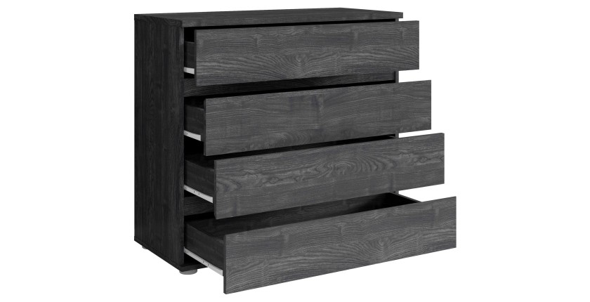 Chambre complète VELTIS – Lit 180x200 LED avec sommier + armoire + commode + chevets – Frêne noir
