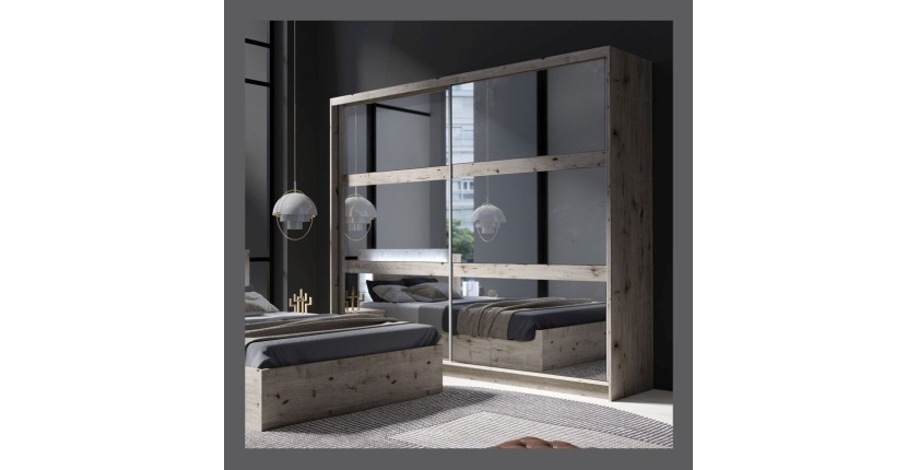 Armoire VELTIS 2 portes coulissantes avec miroir – L230 x H215 cm – Coloris chêne Wellington